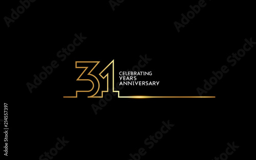 31 Years Anniversary logotype with golden colored font numbers made of one connected line, isolated on black background for company celebration event, birthday