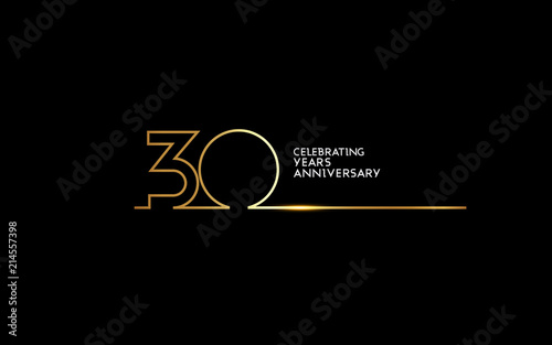 30 Years Anniversary logotype with golden colored font numbers made of one connected line, isolated on black background for company celebration event, birthday