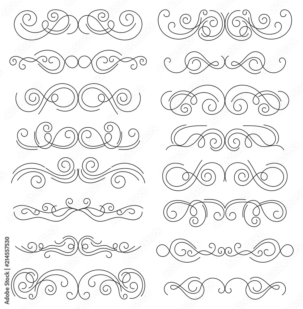 Calligraphic design elements. Thin line dividers and borders. Set of curls and scrolls for wall decoration, books, cards and tattoos. Swirls Vector Illustration.