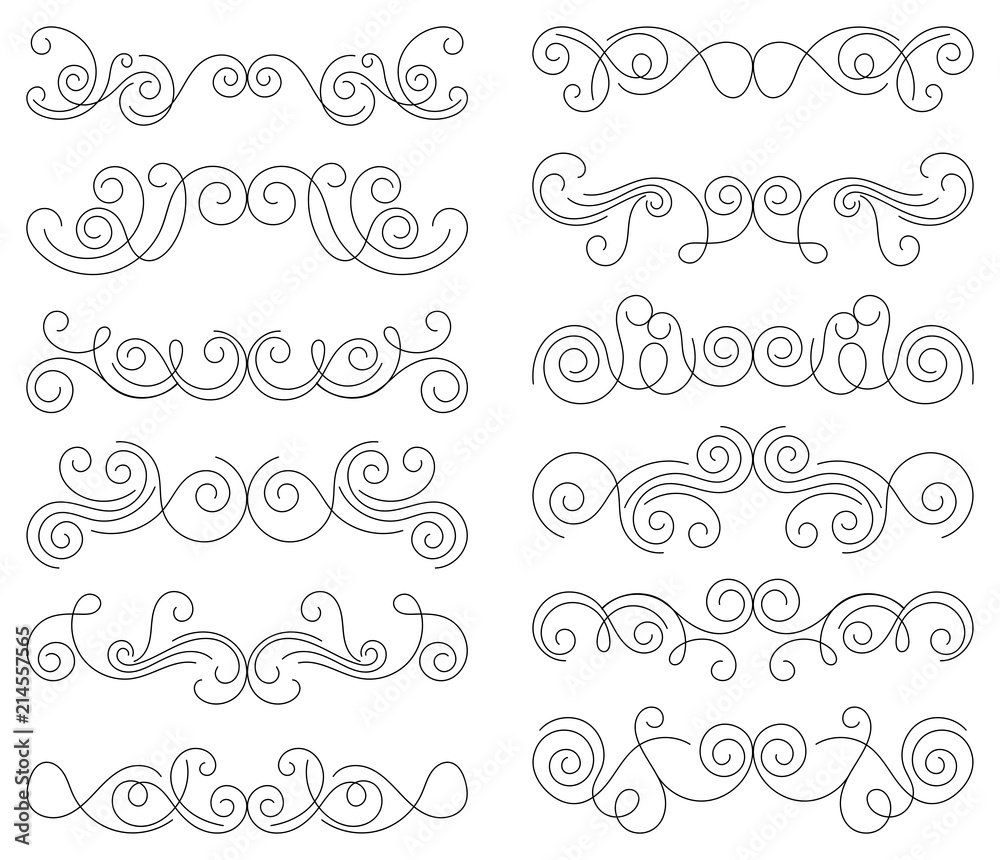 Calligraphic design elements. Thin line dividers and borders. Set of curls and scrolls for wall decoration, books, cards and tattoos. Swirls Vector Illustration. Calligraphic design elements. Thin line dividers and borders. Set of curls and scrolls for wall decoration, books, cards and tattoos. Swirls Vector Illustration.