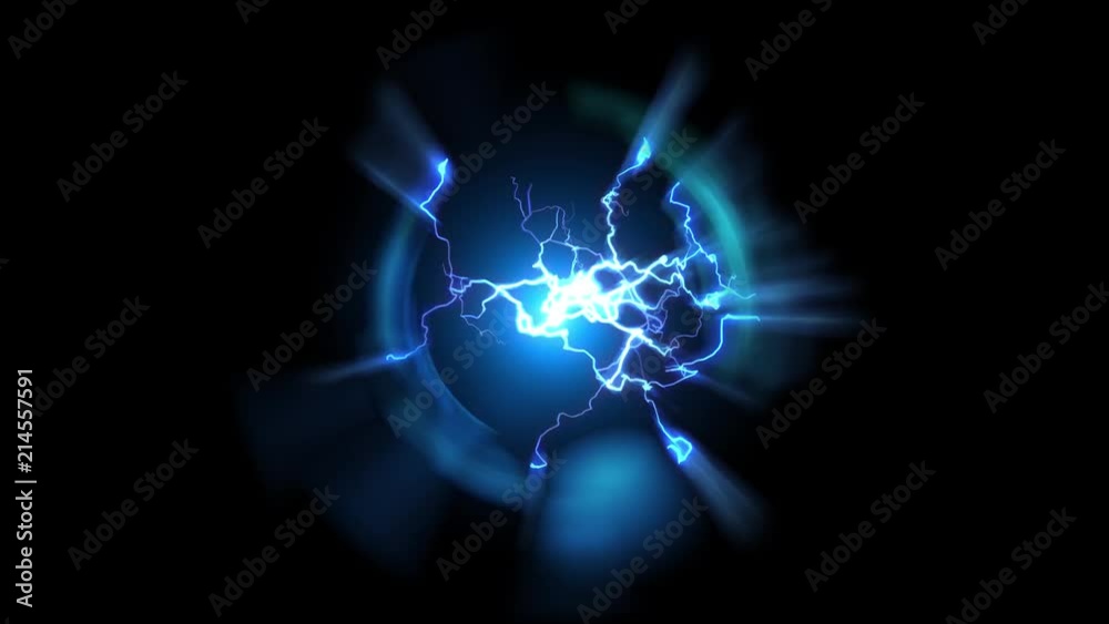 Lightning and bright light in energy ball with spherical plasma radiating electric rays. Looping animation.
