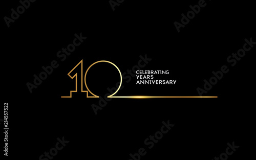 10 Years Anniversary logotype with golden colored font numbers made of one connected line, isolated on black background for company celebration event, birthday