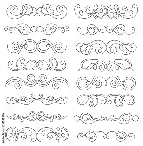 Calligraphic design elements. Thin line dividers and borders. Set of curls and scrolls for wall decoration, books, cards and tattoos. Swirls Vector Illustration.
