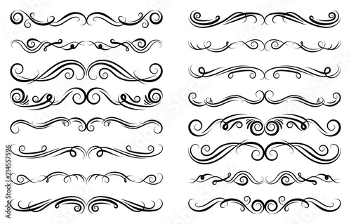 Calligraphic black and elegant swirl dividers collection. Set of curls and scrolls for wall decoration, page decoration, greeting cards and tattoos. Vector calligraphic design elements illustration.