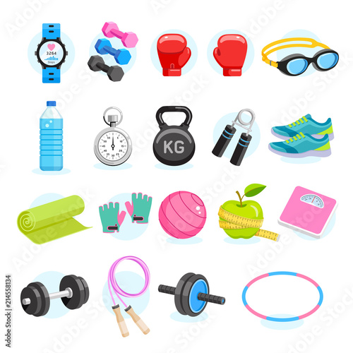 Set of Exercises equipment icons color. Vector Illustrations.