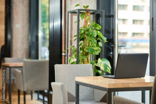 Stylish interior of modern restaurant with using of natural materials. Laptop standing on wooden table with black matallic carcass, grey soft armchair, green plant with big leaves. Panoramic windows.