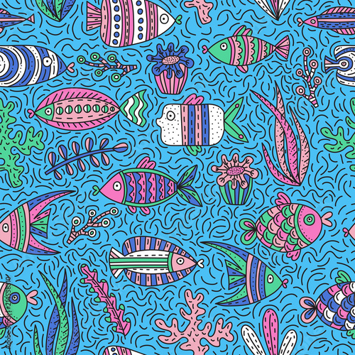 Seamless pattern with cute fishes and seaweeds