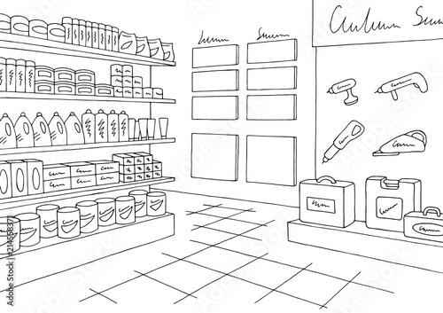 Hardware store graphic black white interior sketch illustration vector