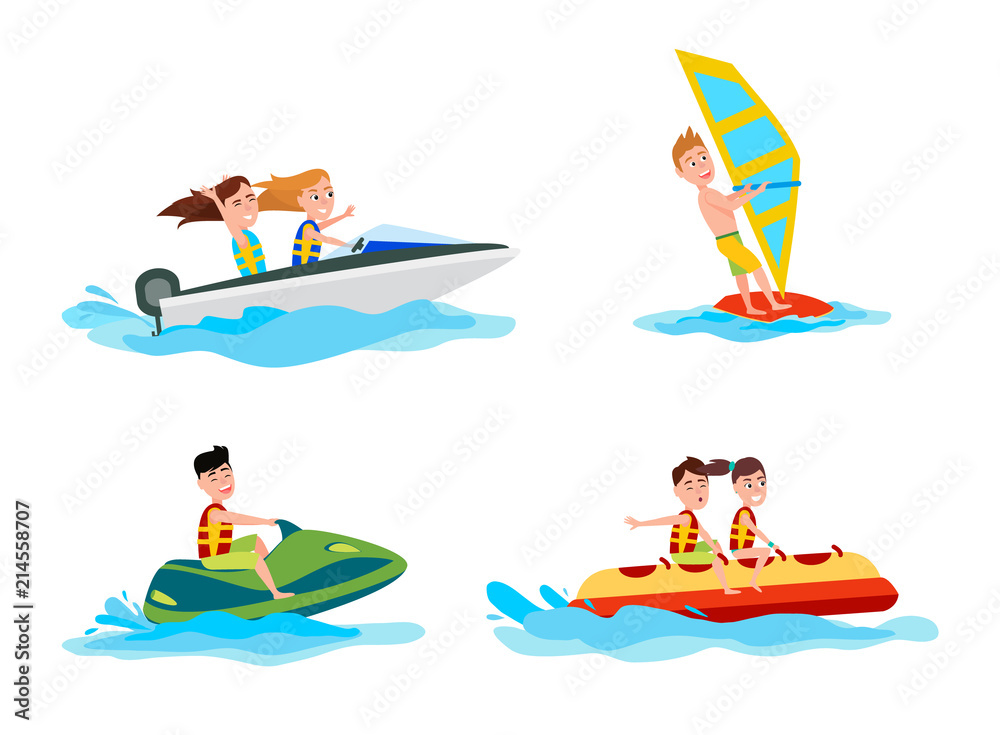 Sea Water Activities of Summer Vector Illustration