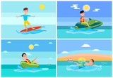 Surfing Summer Sport, Set Vector Illustration