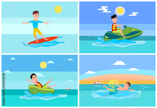 Surfing Summer Sport, Set Vector Illustration