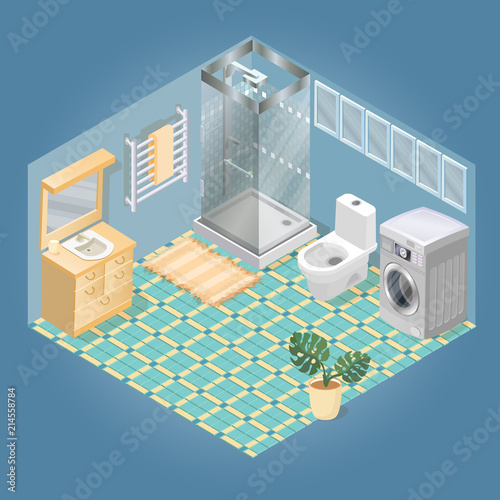 Bathroom items and furniture isometric icon set.