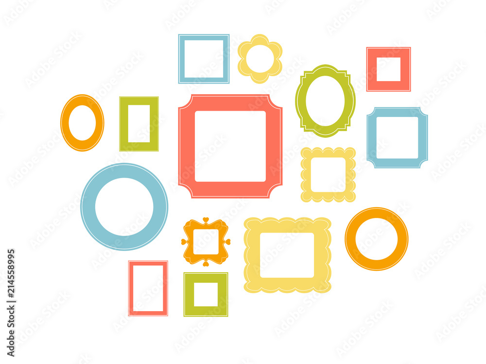 Set of cartoon picture frames organized as gallery wall. Blank colored frames isolated on white vector illustration. Balanced composition. Ready collage for photos or pictures Set of cartoon picture frames organized as gallery wall. Blank colored frames isolated on white vector illustration. Balanced composition. Ready collage for photos or pictures