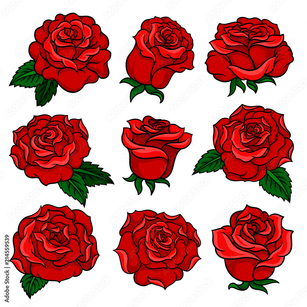 Set of gorgeous red roses. Bud of gorgeous garden flowers. Old-school floral tattoo. Vector design for postcard, t-shirt print or invitation