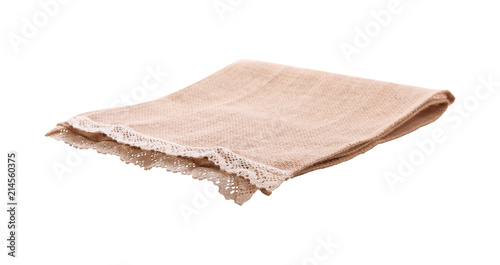 Empty canvas napkin with lace, tablecloth isolated on white background. Can used for display or montage your products. Selective fokus