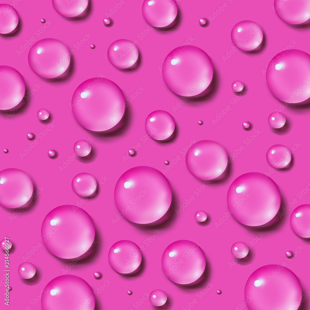 Drops of water. Abstract liquid on pink background. 3d realistic vector illustration. Realism style. Macro
