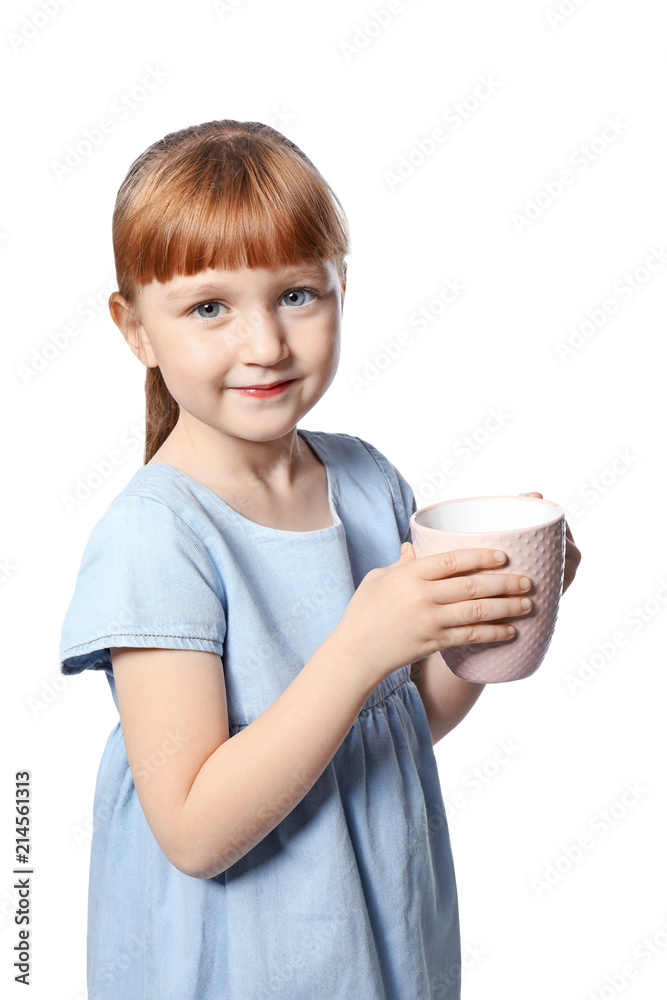 Cute little girl with cup of hot cocoa drink on white background Cute little girl with cup of hot cocoa drink on white background