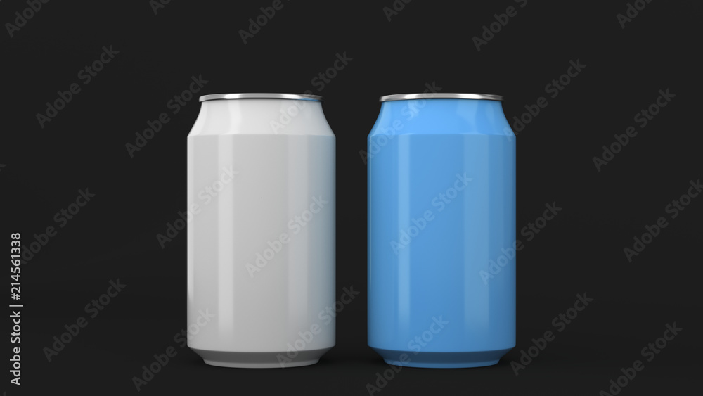 Two small white and blue aluminum soda cans mockup on black background Two small white and blue aluminum soda cans mockup on black background