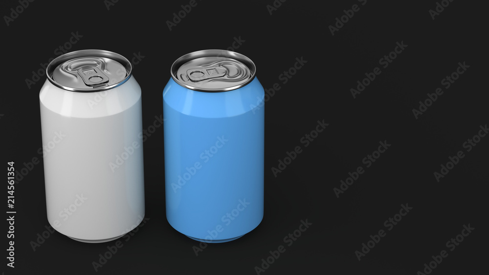 Two small white and blue aluminum soda cans mockup on black background Two small white and blue aluminum soda cans mockup on black background