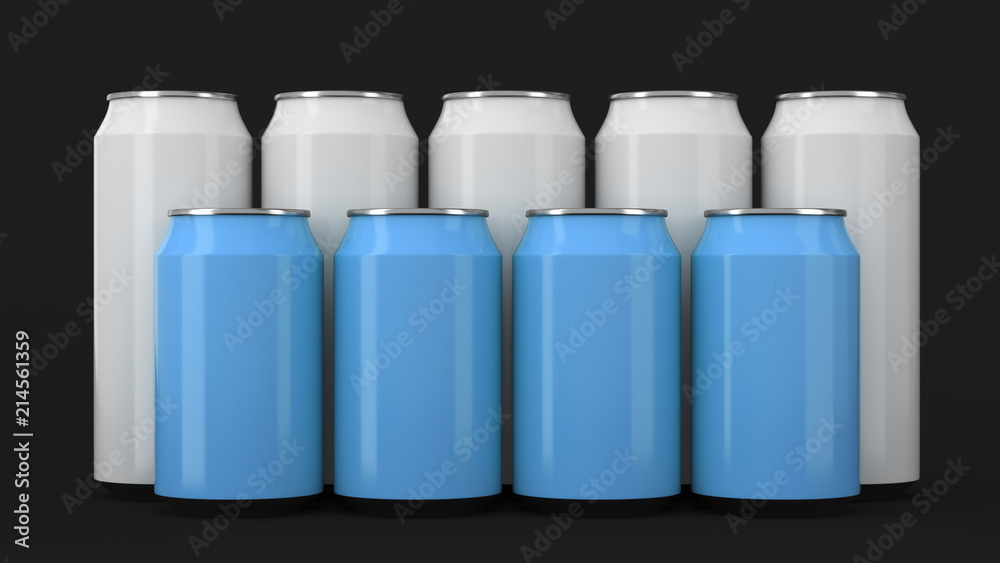 White and blue soda cans standing in two raws on black background White and blue soda cans standing in two raws on black background