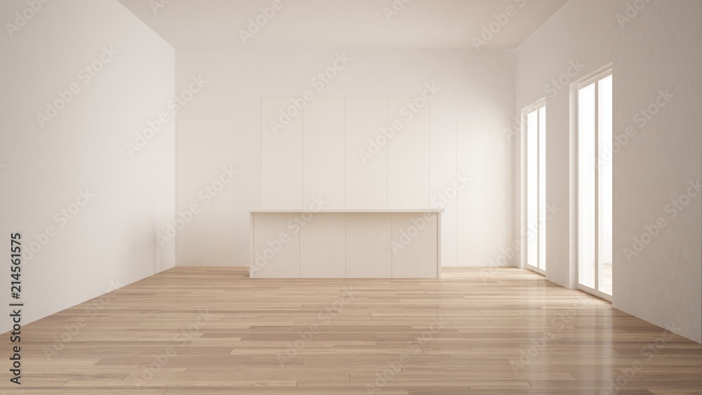 Minimalism, modern empty room with white hidden kitchen with island, parquet floor, white and wooden interior design - obrazy, fototapety, plakaty 