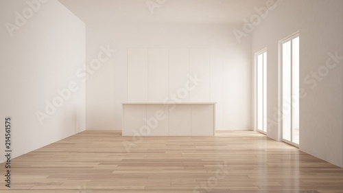 Minimalism, modern empty room with white hidden kitchen with island, parquet floor, white and wooden interior design © ArchiVIZ