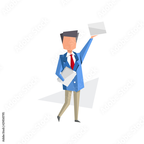 Businessman standing with documents in his hands, paper work, bureaucracy, routine business concept cartoon vector Illustration on a white background