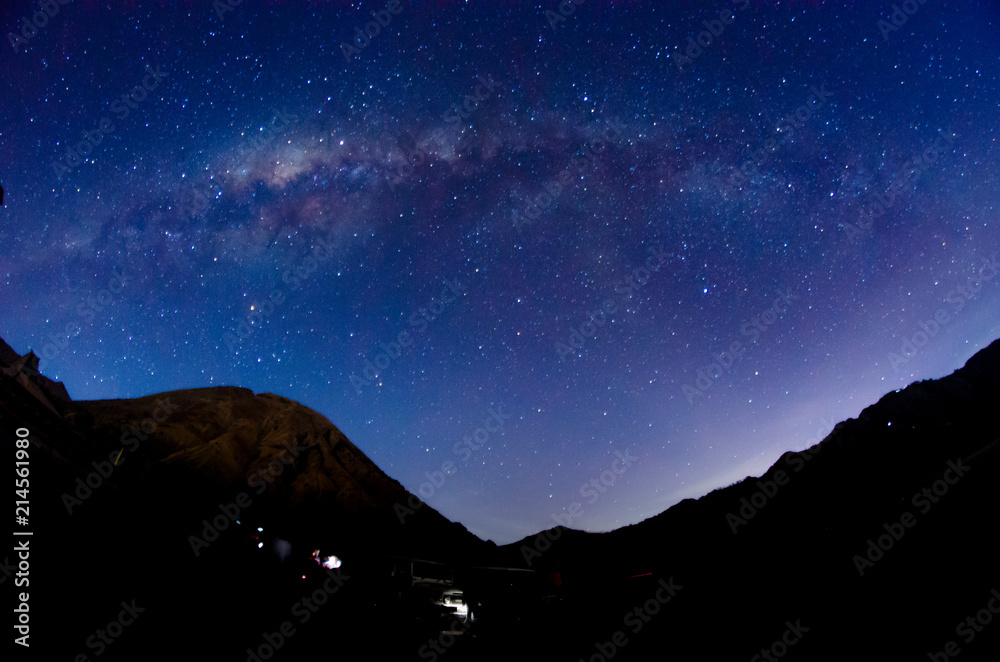 Bright Milky way and stars over mount Bromo volcanoes  in Bromo Tengger Semeru National Park, East Java, Indonesia