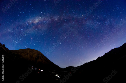 Bright Milky way and stars over mount Bromo volcanoes in Bromo Tengger Semeru National Park, East Java, Indonesia