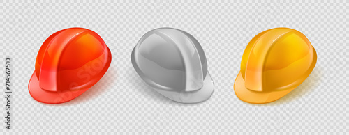 Stock vector illustration realistic set orange, white, yellow construction helmet isolated on transparent checkered background EPS10