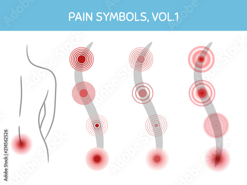 Set of pain markers for illustrations, medical and healthcare themed designs. Assorted icons showing pain focus, trigger points and painful areas of body. Vector elements, isolated on white.