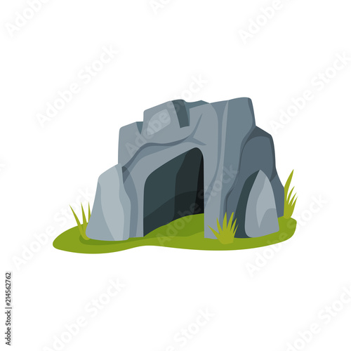 Flat vector icon of big gray cave isolated on white background. Stone age theme. Home of primitive people