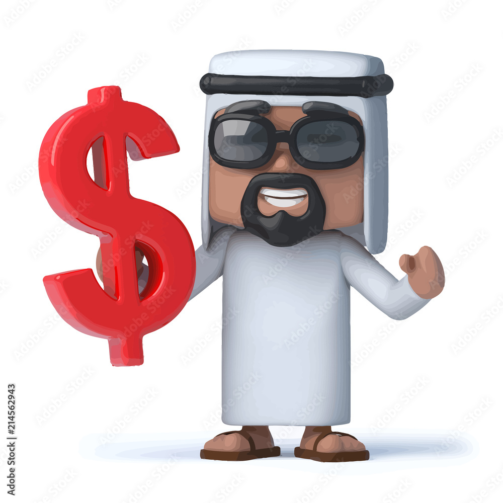 Vector 3d Arab sheik holds US Dollar symbol Vector 3d Arab sheik holds US Dollar symbol