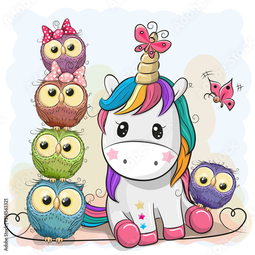 Obraz na plátně Cute Cartoon Unicorn and Owls