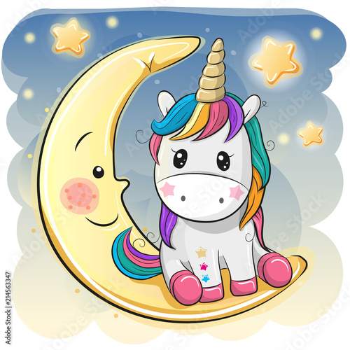 Cute Unicorn in a pilot hat is sitting on the moon