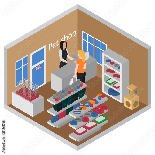 Isometric Pet shop interior. Cats and dogs grooming and feeding Equipment. Veterinary store, animal consultant service.