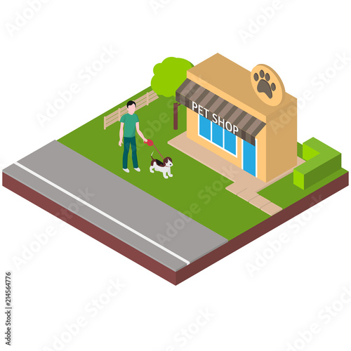 Isometric building pets or zoo store. Man walk with beagle to the shop. Dog walking service.