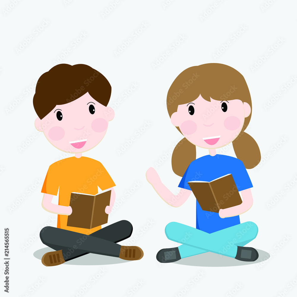 Two students boy and girl are sitting ,reading a book and discussion.Vector illustration. Two students boy and girl are sitting ,reading a book and discussion.Vector illustration.