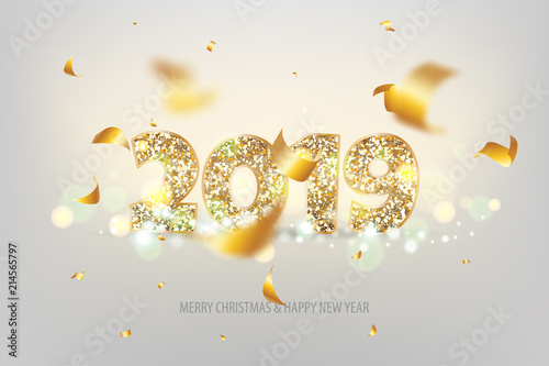 2019 vector magic golden confetty shimmer invintation. Holiday new year white background. Sparkle Christmas lights.