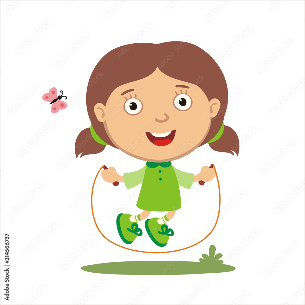 Vector illustration of girl jumping on rope isolated on a white background. Vector illustration of girl jumping on rope isolated on a white background.