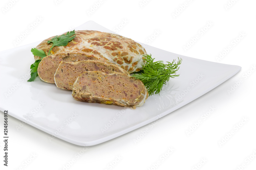 Baked chopped pork liver pate on white square dish closeup Baked chopped pork liver pate on white square dish closeup