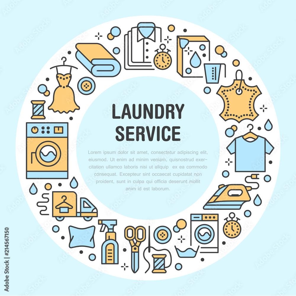Dry cleaning, banner illustration with blue flat line icons. Laundry service equipment, washing machine, clothing leather repair garment steaming. Circle template thin colored signs launderette poster