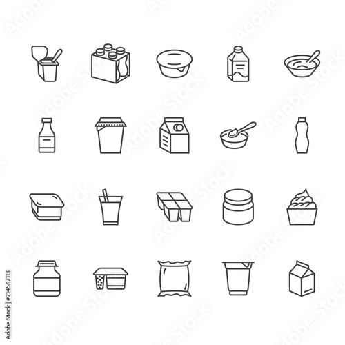 Yogurt packaging flat line icons. Dairy products - milk bottle, cream, kefir, cheese illustrations. Thin signs for food store. Pixel perfect 64x64. Editable Strokes.