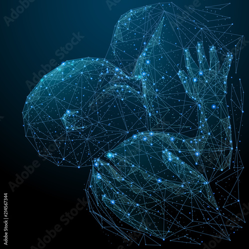 Baby and mother. Breastfeeding low poly wireframe. Vector polygonal image in the form of a starry sky or space, consisting of points, lines, and shapes in the form of stars with destruct shapes.