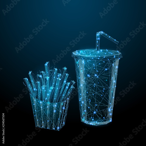 Abstract image of a Fast food in the form of a starry sky or space, consisting of points, lines, and shapes in the form of planets, stars and the universe. Eat and Drink vector wireframe concept