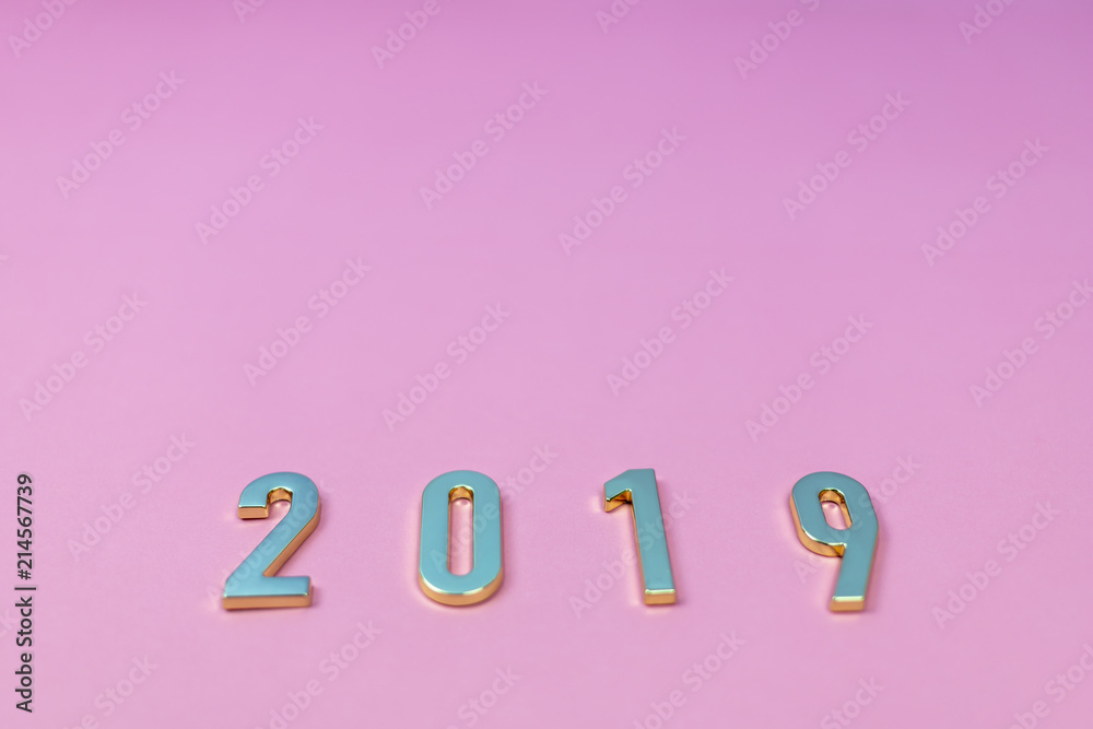 Flat lay of words 2019 on pink pastel background. Top view. Flat lay of words 2019 on pink pastel background. Top view.