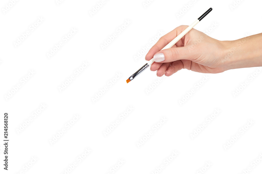 Makeup brush with hand, isolated on white background, copy space template Makeup brush with hand, isolated on white background, copy space template