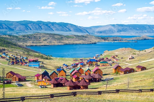 Beautiful views of the tourist centers and the Curkut Bay in August. Lake Baikal, Russia.