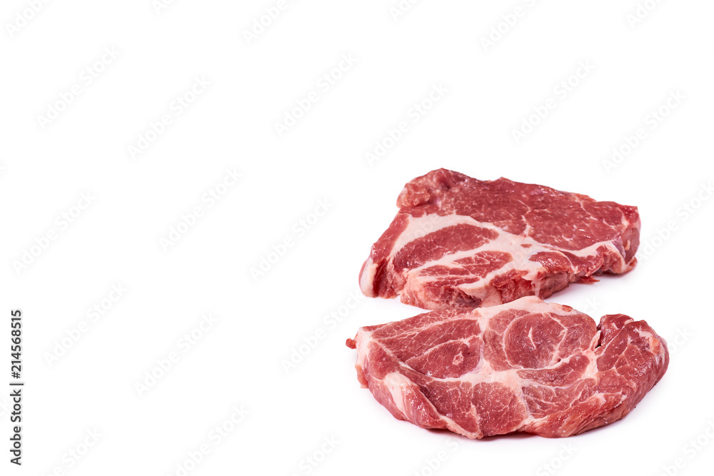 fresh raw beef steak isolated on white background, organic farm, copy space fresh raw beef steak isolated on white background, organic farm, copy space