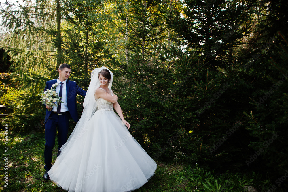 Happy newly married couple posing outdoors in the garden or park next to the wooden gazebo on their wedding day.